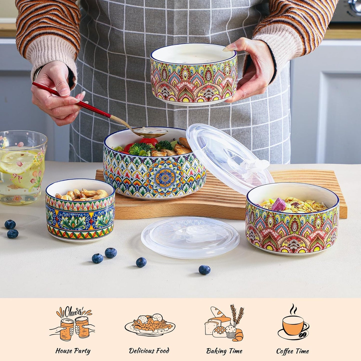 Henten Home Ceramic Serving Bowls with Lid, Colorful Nesting Bowl Set of 3, Porcelain Boho Bowls for Prep, Food Storage, Meals, Microwave & Dishwasher Safe, 10/20/32 oz