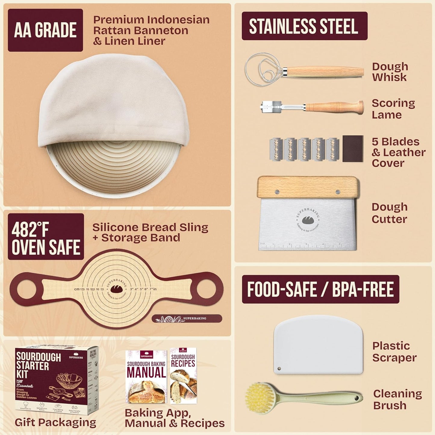 Superbaking Sourdough Starter Kit, 9" Round Banneton Bread Proofing Basket Set, Sourdough Bread Baking Supplies, Sourdough Tools with Silicone Bread Sling, Bread Making Tools, Baking Gifts