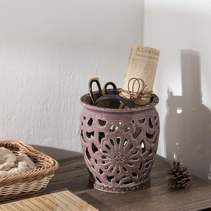 Farmhouse Kitchen Utensil Holder for Countertop, Ceramic Large Cooking Utensil Crock with Cork Mat, Decorative Rustic Utensil Holder for Kitchen Counter, Hollow Carving Flower, Blue