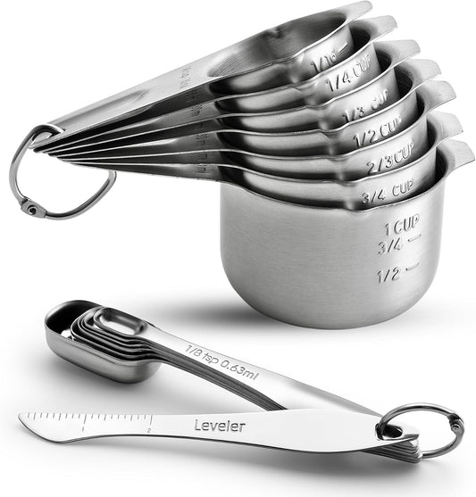 Stainless Steel Measuring Cups and Spoons Set of 14 w/Leveler | Nesting Metal Measuring Cups for Kitchen & Rectangular Teaspoon & Tablespoon Measuring Spoons for Dry and Liquid Ingredients