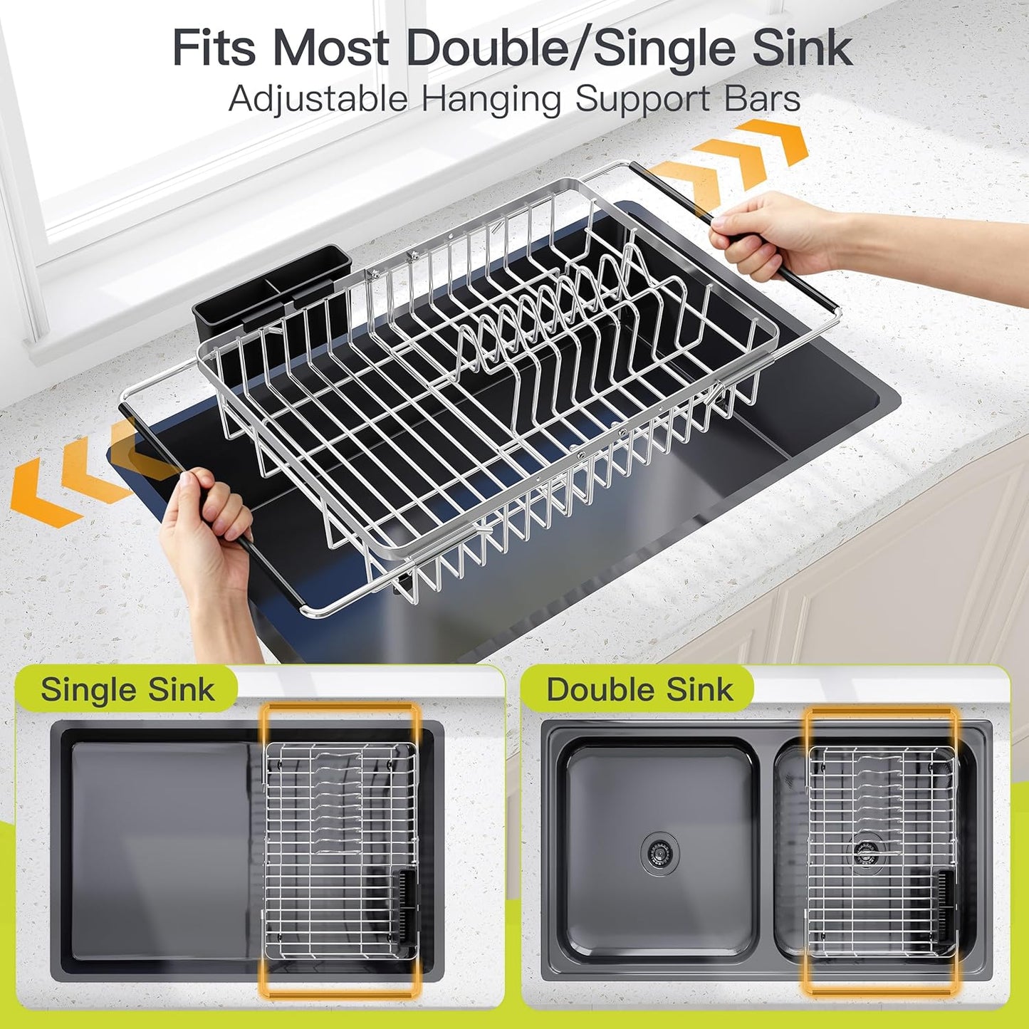 JASIWAY Roll Up Dish Drying Rack, Expandable (12.8"-23.8" D x 12.8" W) Stainless Steel Portable Drainer for Kitchen Sink Counter, Foldable Over The Sink Cover with Removable Utensil Holder