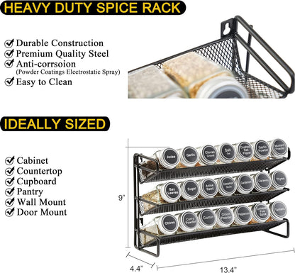 SpaceAid Spice Rack Organizer with 32 Spice Jars, 386 Spice Labels, Chalk Marker and Funnel Set for Cabinet, Countertop, Pantry, Cupboard or Door & Wall Mount - 32 Jars, 15.3" W × 10.8" H, Black