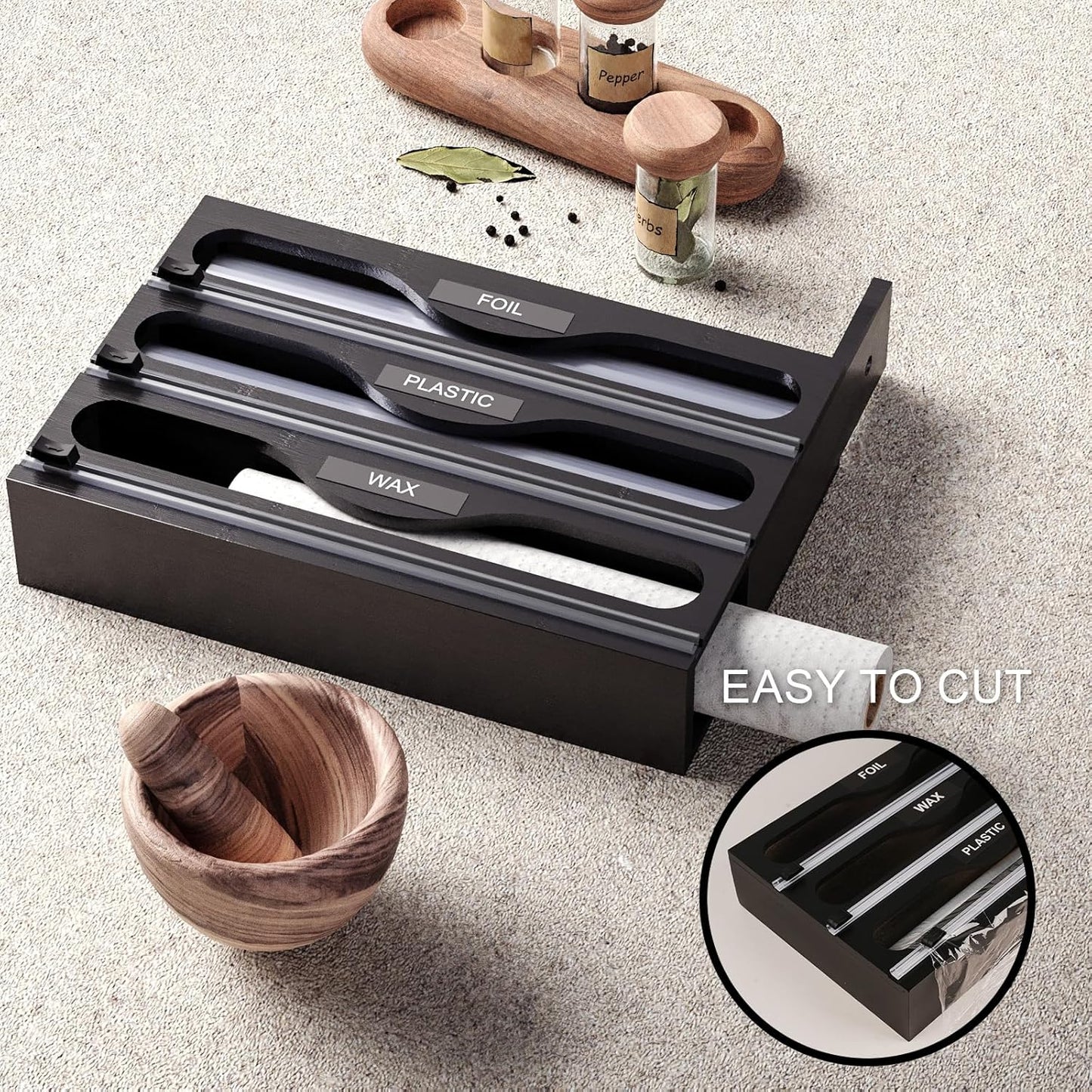 Wrap Dispenser with Cutter and Labels, Plastic Wrap Organizer For Kitchen,Bamboo 3-in-1 Wrap Dispensers for Cling Wrap Aluminum Foil and Wax,Storage Organization Holder（Brown）