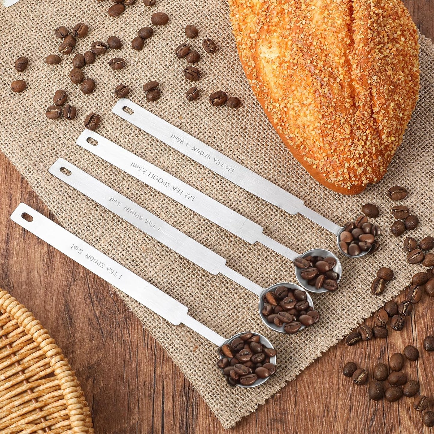 Oruola 4pcs Teaspoons Measuring Spoon,7In Long Handle Measuring Spoons, Stainless Steel Long Measuring Spoons Includes 1/4 tsp, 1/2 tsp, 1 tsp for Accurate Measure Liquid Dry Ingredients Ground Coffee