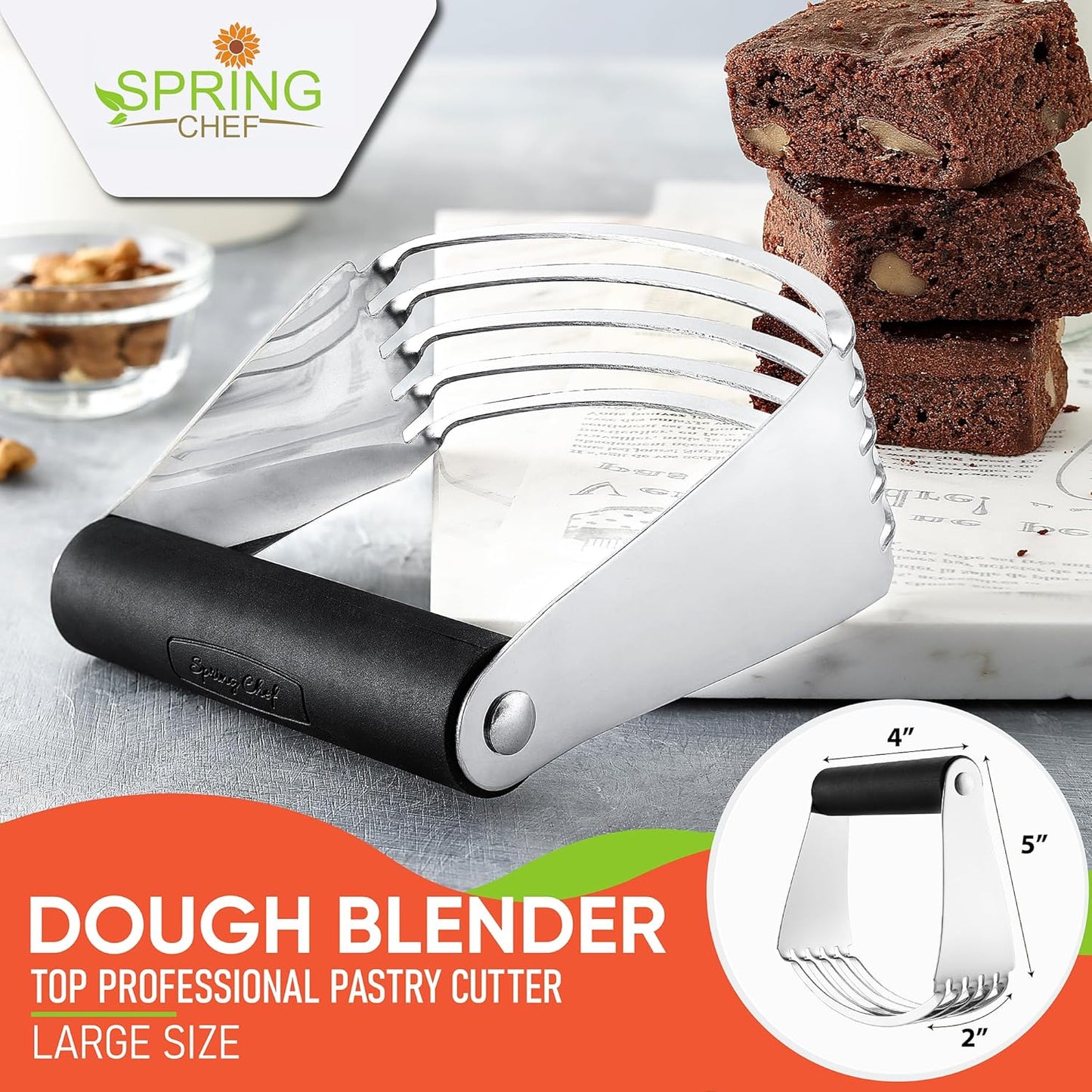 Spring Chef Dough Blender, Top Professional Pastry Cutter with Heavy Duty Stainless Steel Blades, Medium Size, Black