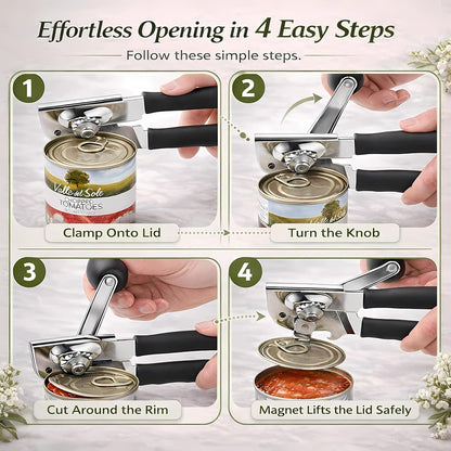 Manual Can Opener, Heavy Duty Stainless Steel, Magnetic Lid Lifter, Ergonomic Soft-Grip Handles with Bottle Opener (black)