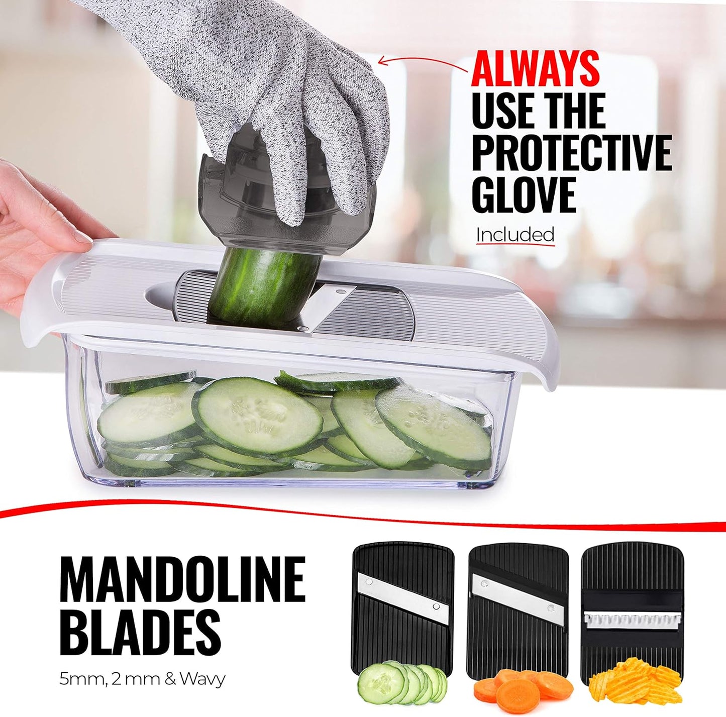 Fullstar Mandoline Slicer for Kitchen, Fruit Cutter, Cheese Grater, Cucumber Slicer, Veggie Spiralizer, Food Cutter & Kitchen Gadgets & Gifts with Safety Glove (6 in 1, White)