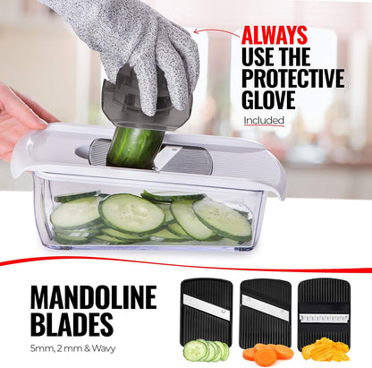 Fullstar Mandoline Slicer for Kitchen, Fruit Cutter, Cheese Grater, Cucumber Slicer, Veggie Spiralizer, Food Cutter & Kitchen Gadgets & Gifts with Safety Glove (6 in 1, White)