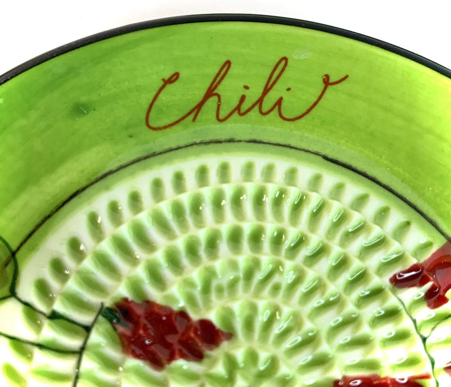 BonCera, All-in-one Premium Ceramic Garlic Grater Plate 4-Piece Set - Green Chili Design, Classic Style - For Garlic, Ginger, Chocolate, and more! - Comes with 5.25" Plate, Peeler, Brush, and Stand