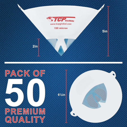 TCP Global - 190 Micron Filter Tips Ultra-Fine Paint Strainer (50 Pack) - Pure Blue Nylon Mesh Cone Strainer - Paint Filter Cones for Auto, House & Hobby