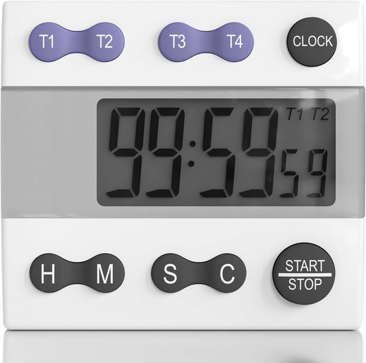 Portable Digital Kitchen Timer 810015 for Cooking and Baking with Loud Alarm, 4 Channel Timer, Large Display Digital Lab and Cooking Timer, Classroom Timer for Teachers and Students
