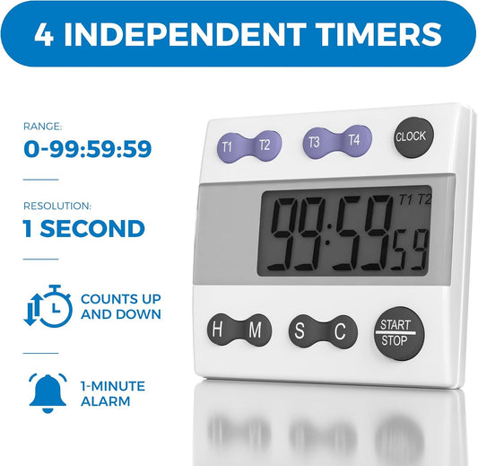 Portable Digital Kitchen Timer 810015 for Cooking and Baking with Loud Alarm, 4 Channel Timer, Large Display Digital Lab and Cooking Timer, Classroom Timer for Teachers and Students