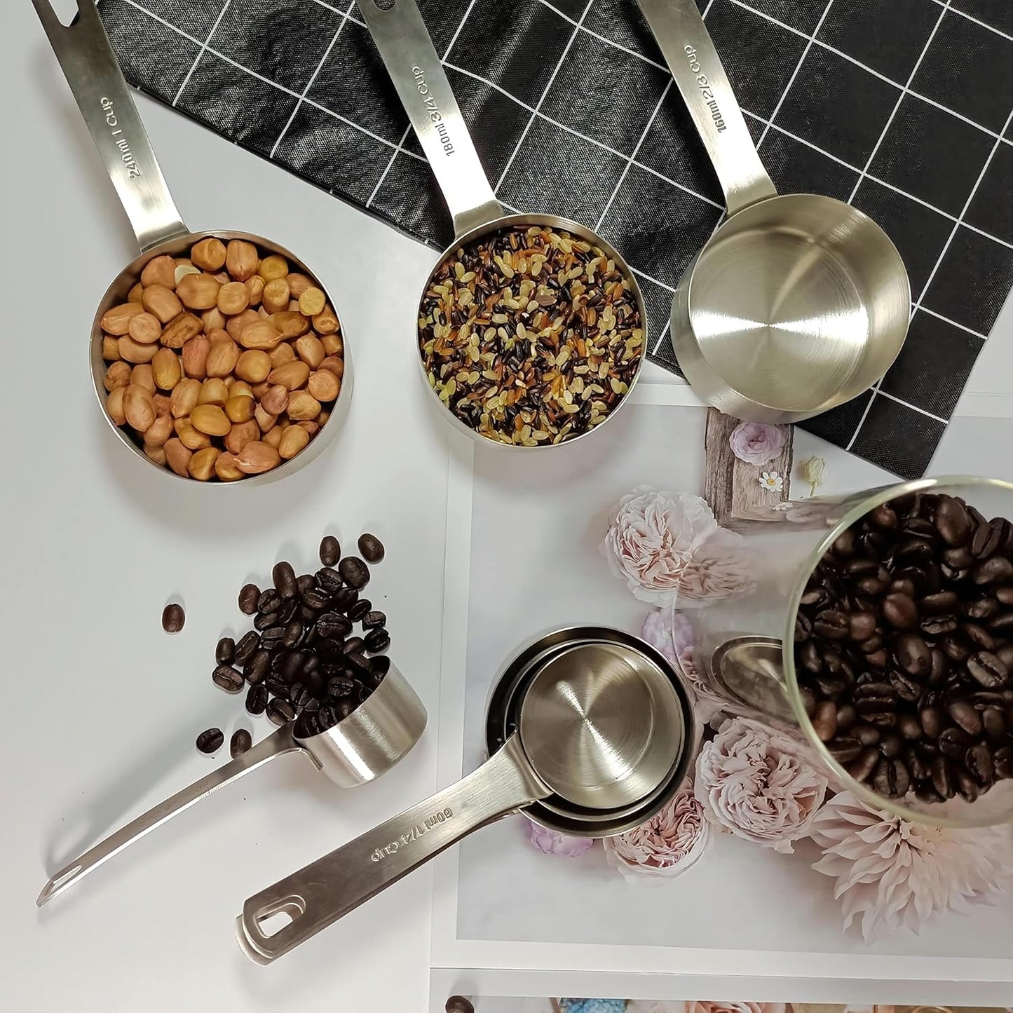 Measuring Cups Set, 18/8 Stainless Steel Measuring Cups for Dry & Liquid, Metal Measure Cups With Bonus Magnetic Conversion Chart for Kitchen & Baking