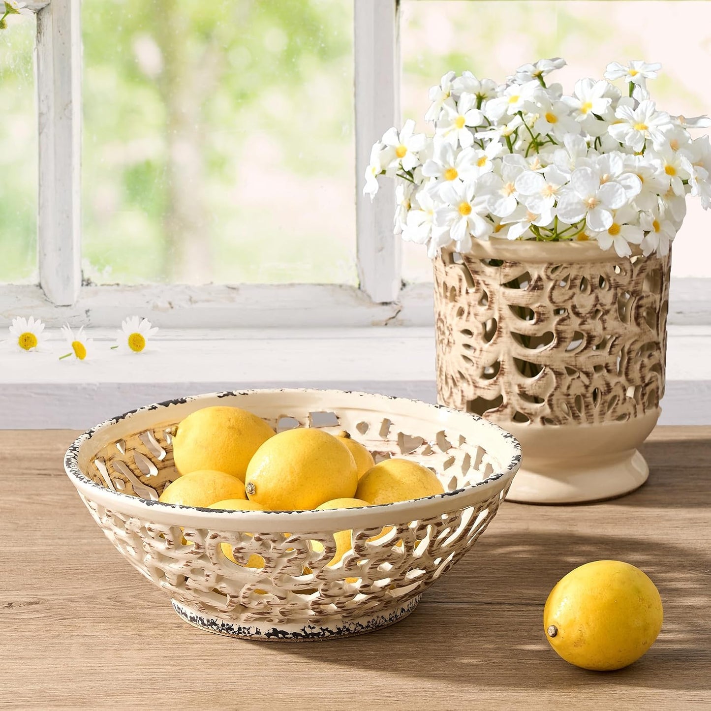 SIDUCAL Ceramic Fruit Bowl for Kitchen Counter,Decorative Fruit Basket with Holes, 10.43" Large Hollow Out Fruit Vegetable Holder Bowl for Table Decor, Gray