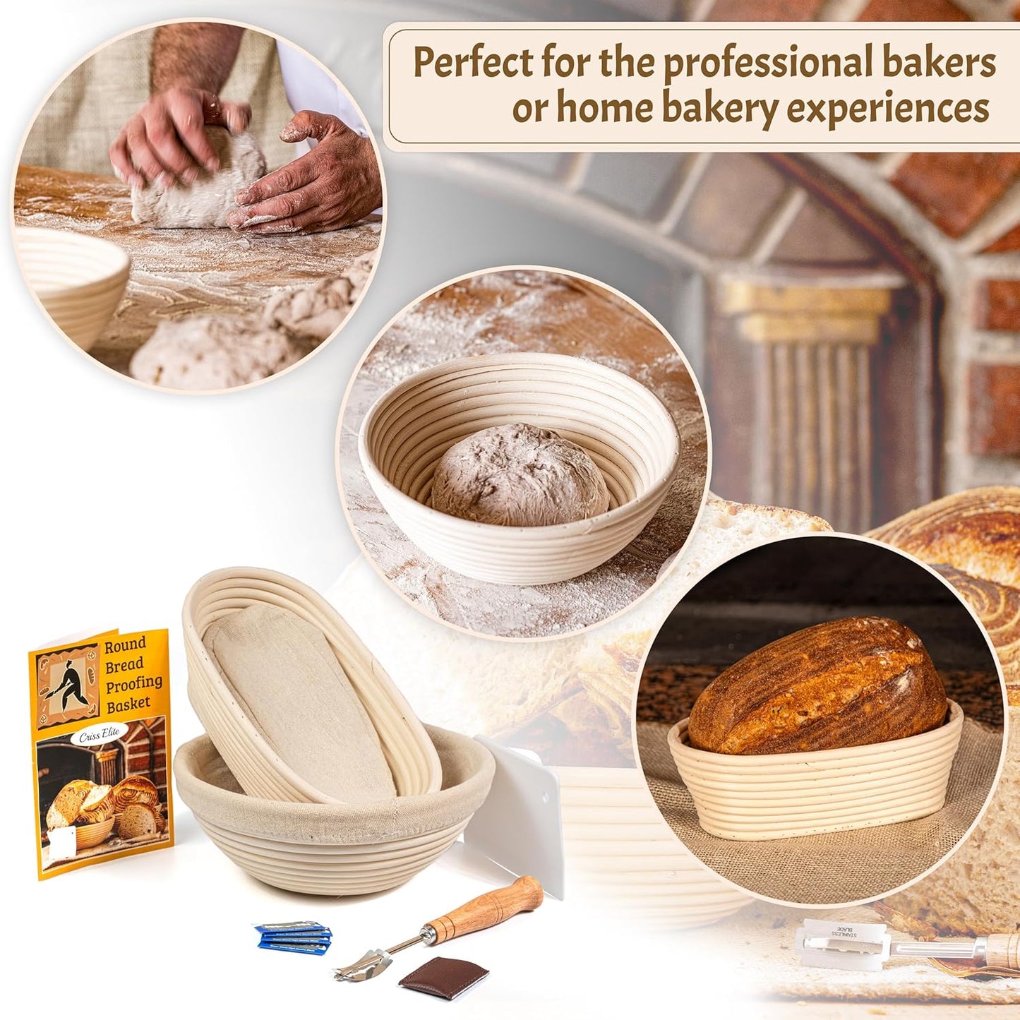 CRISS ELITE 11" Oval Banneton Proofing Basket Set of 2 - Sourdough Starter Kit with Bread Lame, Danish Whisk, Metal & Bowl Scrapers, Cleaning Brush - Professional Artisan Baker Gift Set
