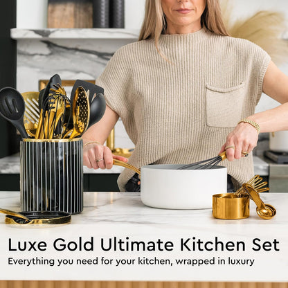 Gold Cooking Utensils with Measuring Cups and Spoons Set - 13-Piece Luxury Gold Kitchen Accessories Includes Metal Measuring Cups and Spoons for Baking, Cooking, and Elegant Kitchen Decor