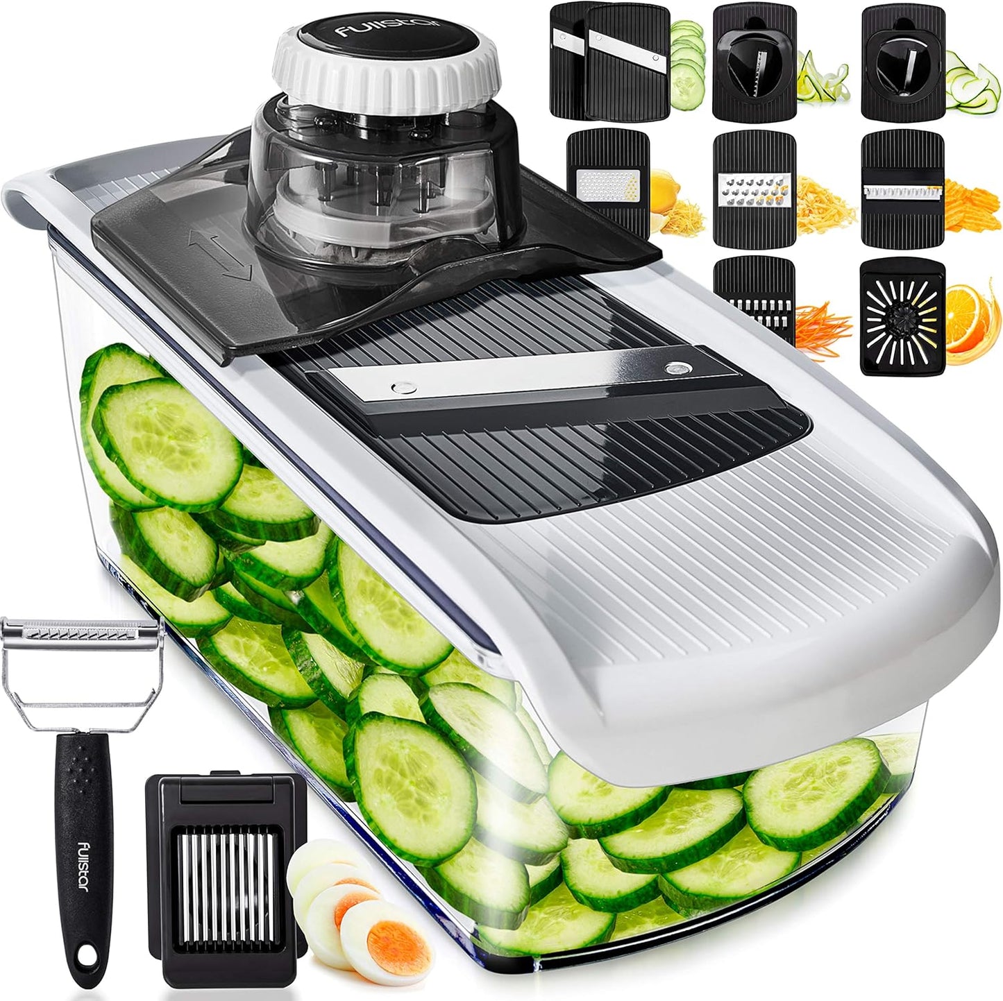 Fullstar Mandoline Slicer for Kitchen, Fruit Cutter, Cheese Grater, Cucumber Slicer, Veggie Spiralizer, Food Cutter & Kitchen Gadgets & Gifts with Safety Glove (6 in 1, White)