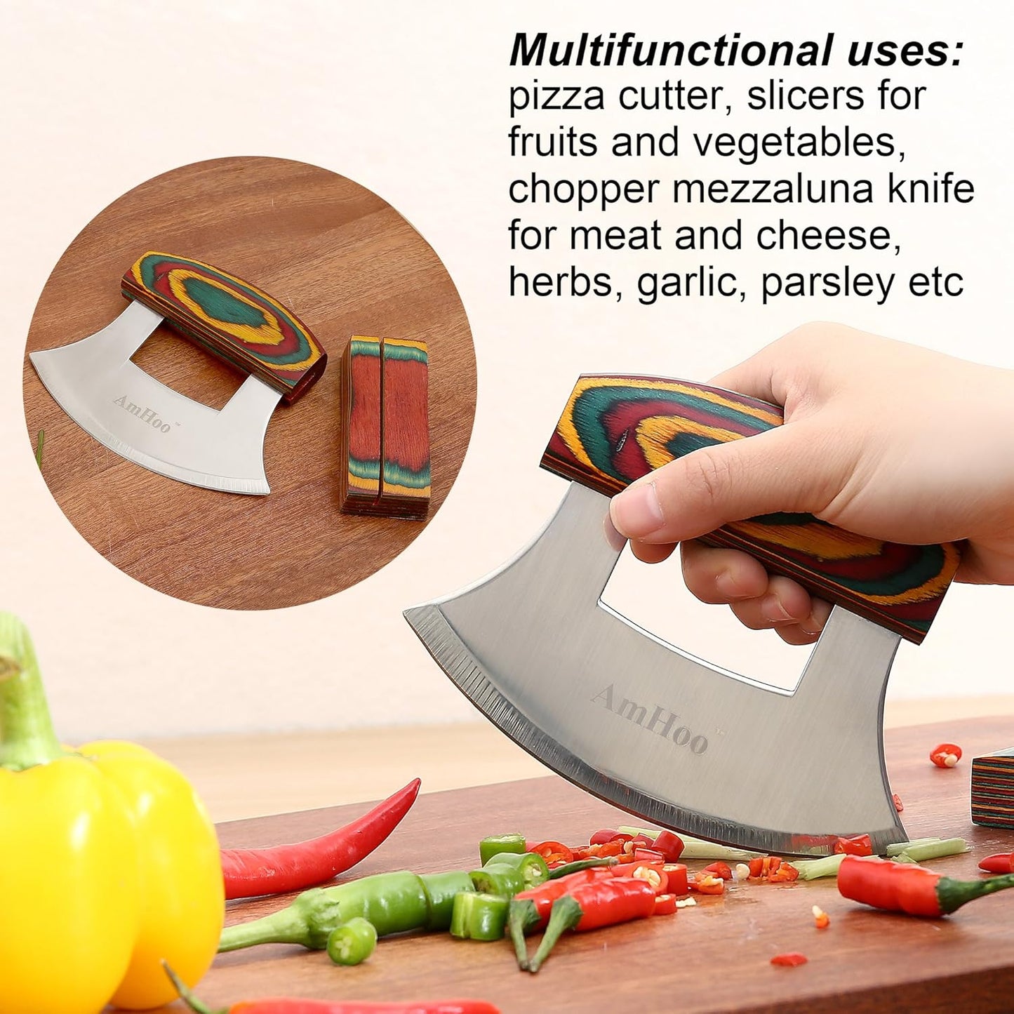 Amhoo Pizza Cutter Chef Mezzaluna Ulu Knife Handle Color Wood Grip Sharp Rocker Slicer Stainless Steel Blade Salad Onion Vegetable Chopper with Holder Base Christmas Gifts