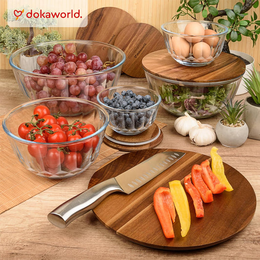 Set of 5 Nesting Glass Bowls with New Updated Acacia Lids for Foodprep, Storage, Mixing & Cooking - Microwave & Oven-ready BPA Free Durable Heat Resistant Inert Borosilicate Glass