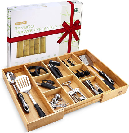 Pristine Bamboo Silverware Organizer - Small Extra-Deep Wooden Kitchen Drawer Organizer Divider for Spoons, Forks, Knives & Cutleries - 5 Slots
