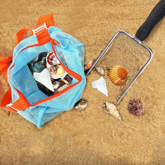 Vodolo Beach Mesh Shovel with Mesh Beach Bag for Shell Collecting, Kids Filter Sand Scooper for Picking Up Shells, Shark Tooth Sifter Dipper for Boys and Girls, Toy