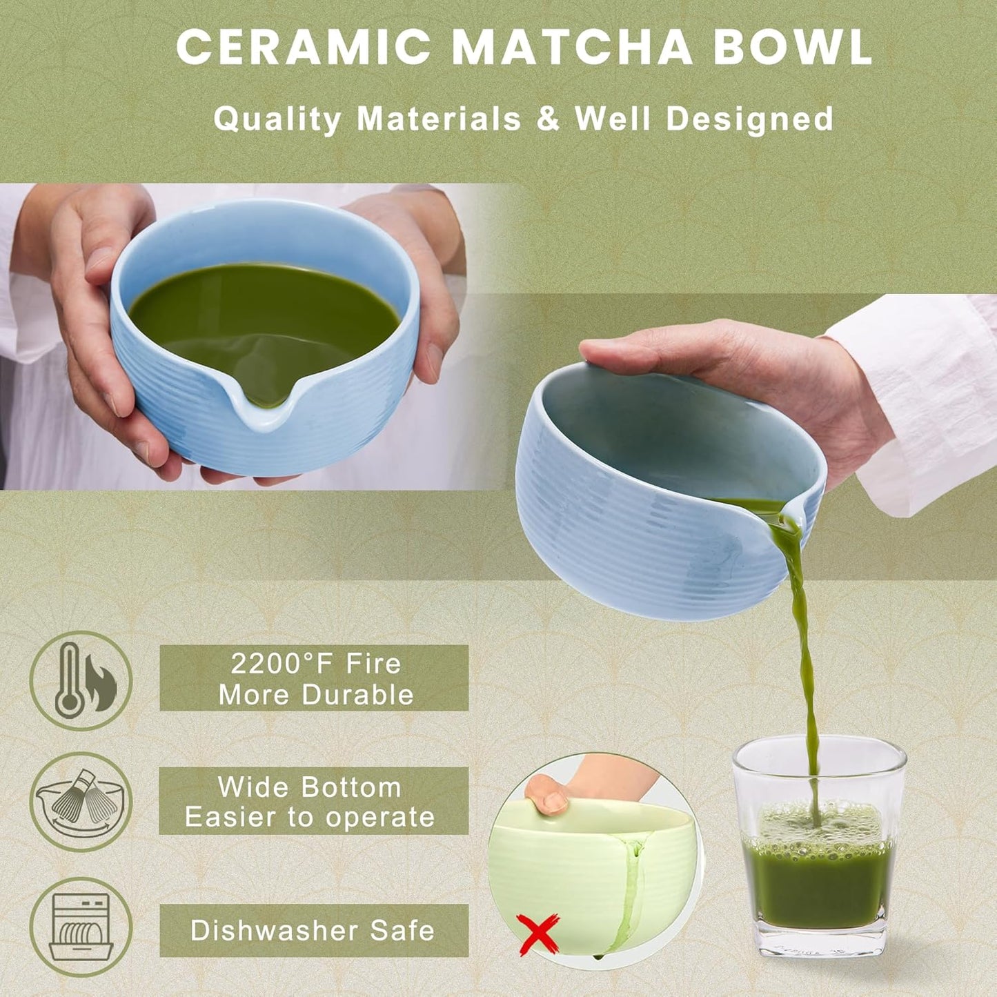 6-Piece Matcha Set, Matcha Whisk (Chasen) & Holder, Matcha Bowl with Spout, Sifter & Spoon, Bamboo & Ceramic, Dark Green