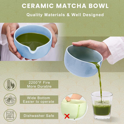 6-Piece Matcha Set, Matcha Whisk (Chasen) & Holder, Matcha Bowl with Spout, Sifter & Spoon, Bamboo & Ceramic, Dark Green