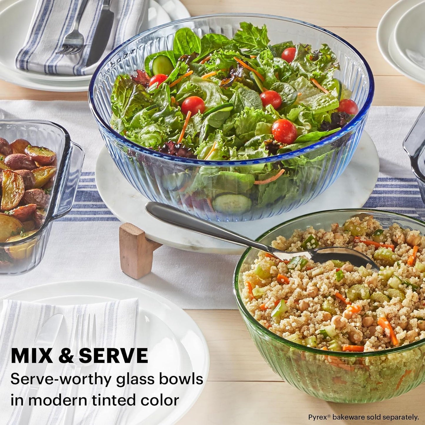 Pyrex Colors Tinted (3-Pack, Full Set) Sculpted Tinted Glass Mixing Bowls With Plastic Lids, Nesting Space Saving Set of Bowls For Prepping and Baking, 1.3QT, 2.3QT & 4.5QT