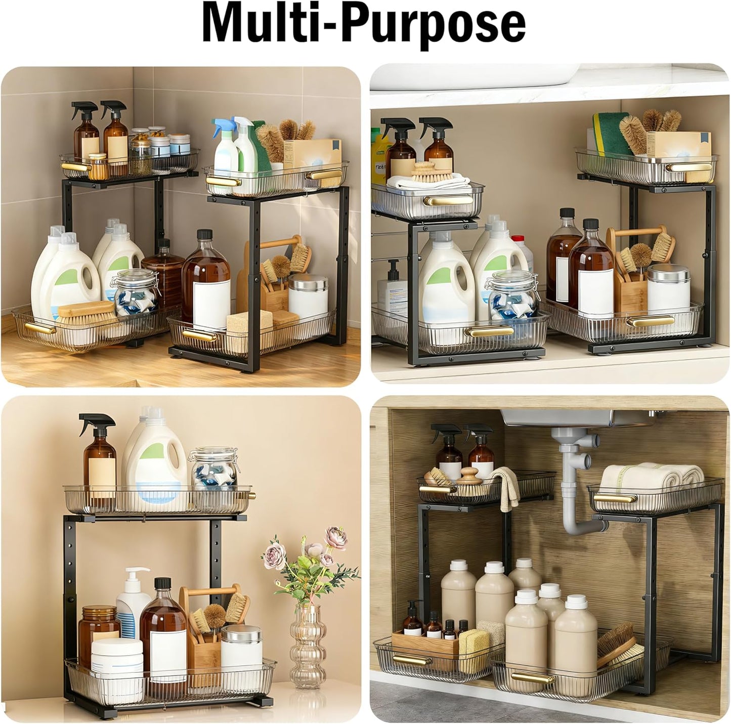 ARSTPEOE Under Sink Organizer - 2 Packs Multi-Purpose Pull-Out Storage Organizers, Slide out Pull out Metal Cabinet Organizer Shelf, Storage for Kitchen Bathroom, Black