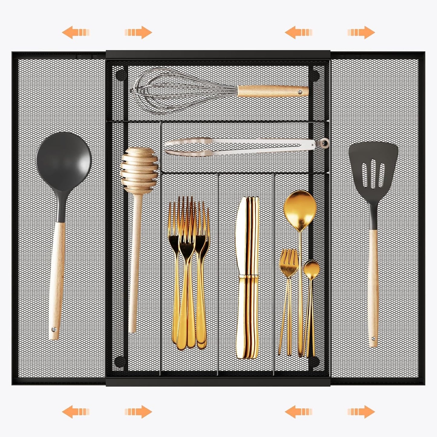 Sedegn Silverware Organizer Metal Mesh, Large Drawer Organizer, Utensil Cutlery Tray for kitchen drawers, Flatware Organizer with 6 Compartment, Black (11.3”*16“)