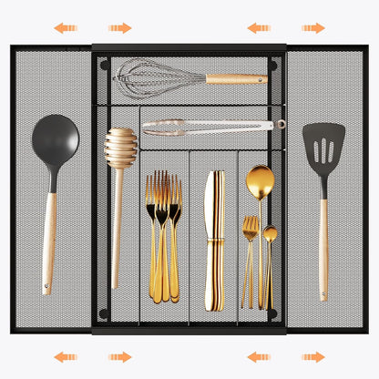 Sedegn Silverware Organizer Metal Mesh, Large Drawer Organizer, Utensil Cutlery Tray for kitchen drawers, Flatware Organizer with 6 Compartment, Black (11.3”*16“)