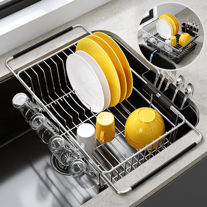 JASIWAY Roll Up Dish Drying Rack, Expandable (12.8"-23.8" D x 12.8" W) Stainless Steel Portable Drainer for Kitchen Sink Counter, Foldable Over The Sink Cover with Removable Utensil Holder