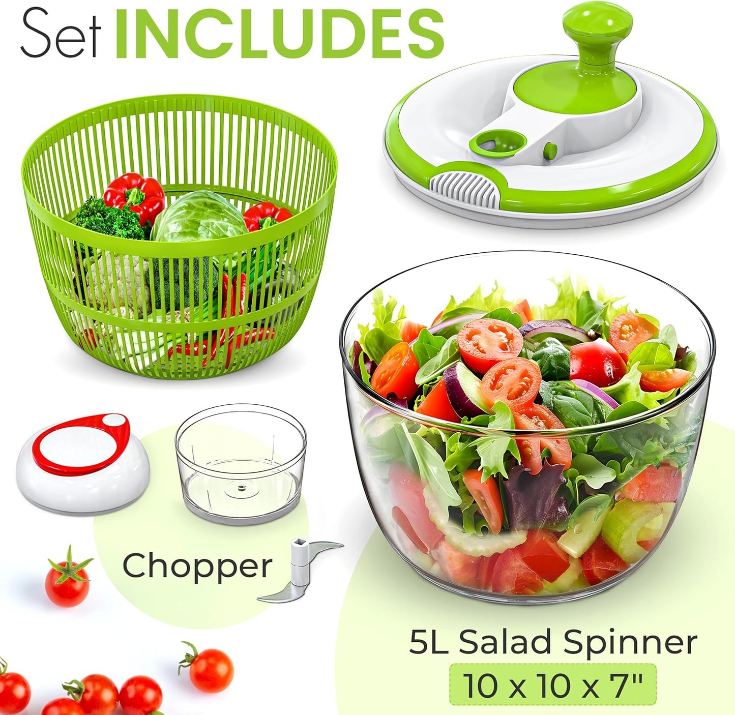 Salad Spinner, 5L Large Capacity Lettuce Washer with Easy Spin Mechanism, BPA-Free Vegetable Dryer for Kitchen.