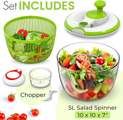 Salad Spinner, 5L Large Capacity Lettuce Washer with Easy Spin Mechanism, BPA-Free Vegetable Dryer for Kitchen.