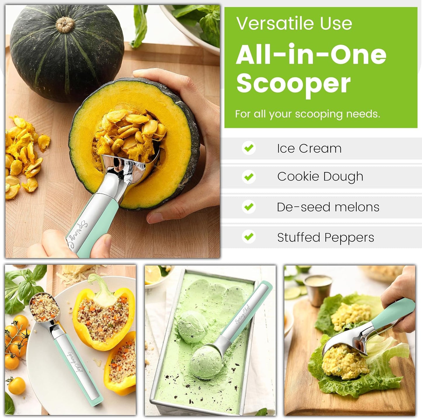 Spring Chef Heavy Duty Metal Ice Cream Scoop - Dishwasher Safe Ice Cream Scooper, Commercial Icecream Scoop Spade, Professional Kitchen Tool for Gelato, Melon, Sundae, Cookie Spoon - Black
