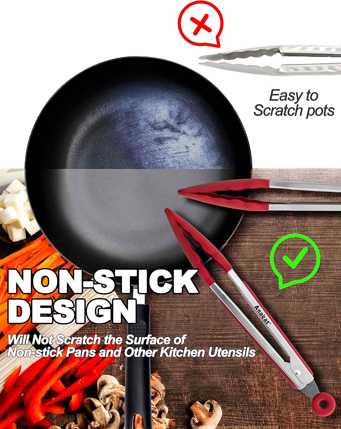 Anaeat Non-Stick Silicone Locking Tong Set of 3 - Stainless Steel 7", 9", 12" Kitchen Food Tongs with Non-Slip Silicone Tips and Grip for Cooking, Baking and BBQ - Heat Resistant up to 480°F (Black)