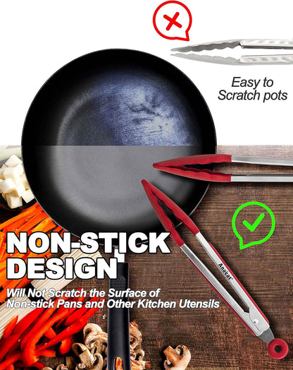 Anaeat Non-Stick Silicone Locking Tong Set of 3 - Stainless Steel 7", 9", 12" Kitchen Food Tongs with Non-Slip Silicone Tips and Grip for Cooking, Baking and BBQ - Heat Resistant up to 480°F (Black)