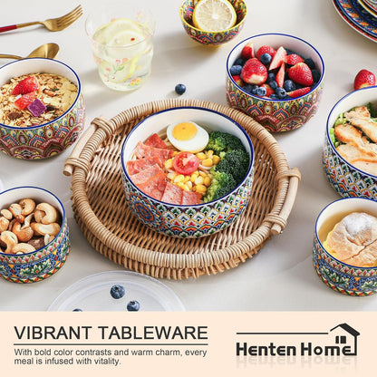 Henten Home Ceramic Serving Bowls with Lid, Colorful Nesting Bowl Set of 3, Porcelain Boho Bowls for Prep, Food Storage, Meals, Microwave & Dishwasher Safe, 10/20/32 oz