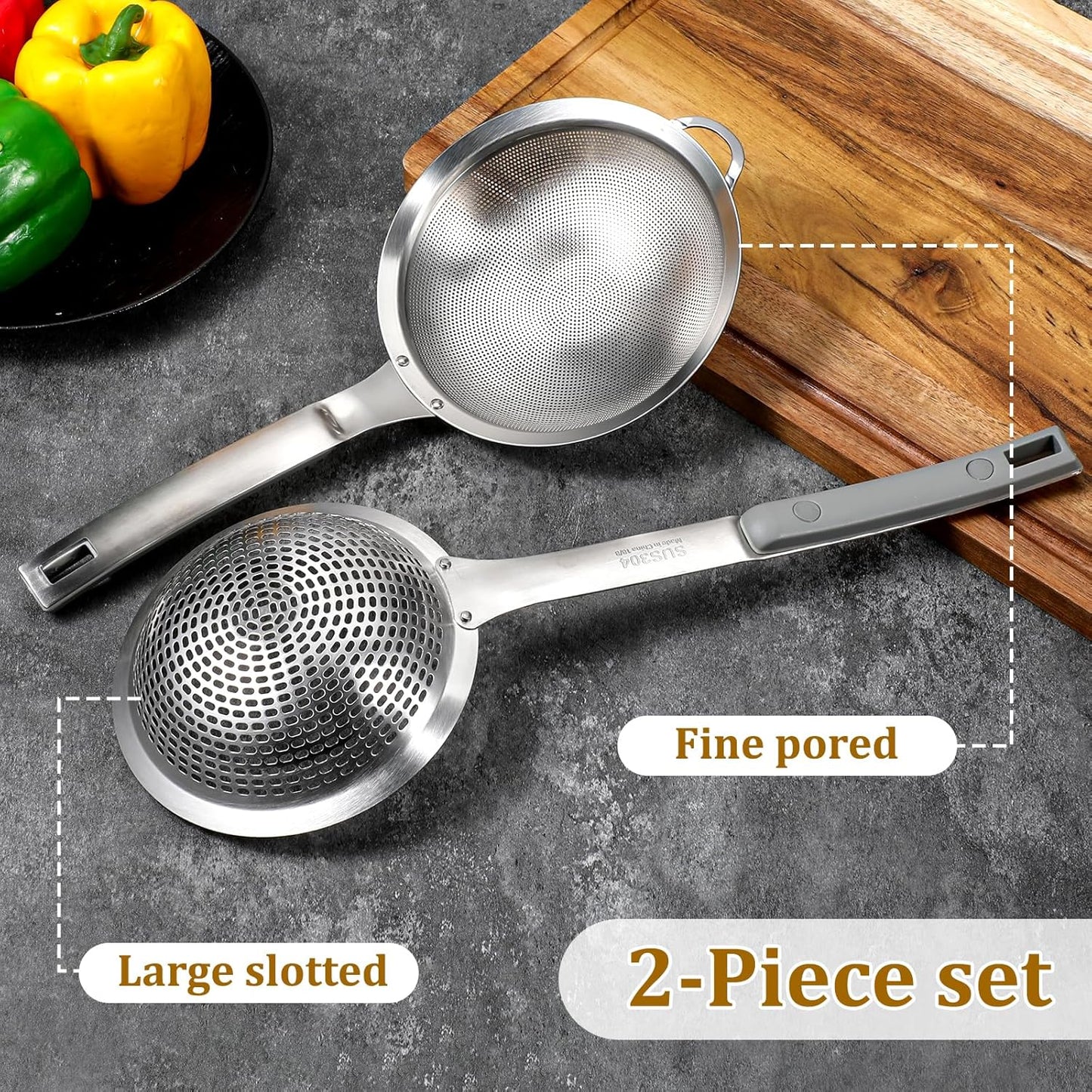 2 Pcs Large Holes Slotted Colander Frying Spoon Set With Handle, Fine Mesh Stainless Steel Sieve Food Strainer, Spider Strainer Skimmer, Handheld For Kitchen Cooking Tool