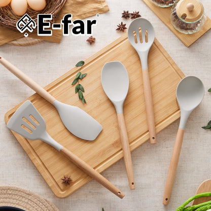 E-far Silicone Cooking Utensils Set, 10-Piece Heat Resistant Kitchen Utensils Set with Wooden Handle for Nonstick Cookware, Kitchen Nonstick Tools Spatula Whisk Tongs Ladle, Non-toxic & Healthy(Khaki)