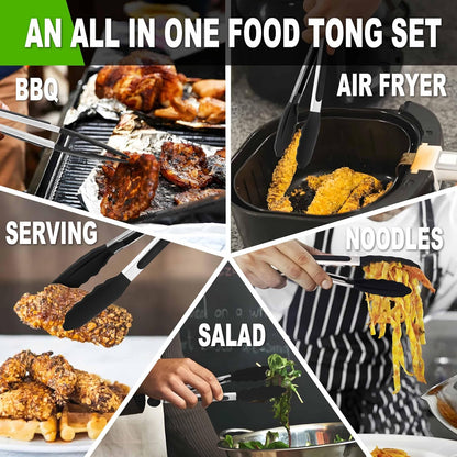 Anaeat Non-Stick Silicone Locking Tong Set of 3 - Stainless Steel 7", 9", 12" Kitchen Food Tongs with Non-Slip Silicone Tips and Grip for Cooking, Baking and BBQ - Heat Resistant up to 480°F (Black)
