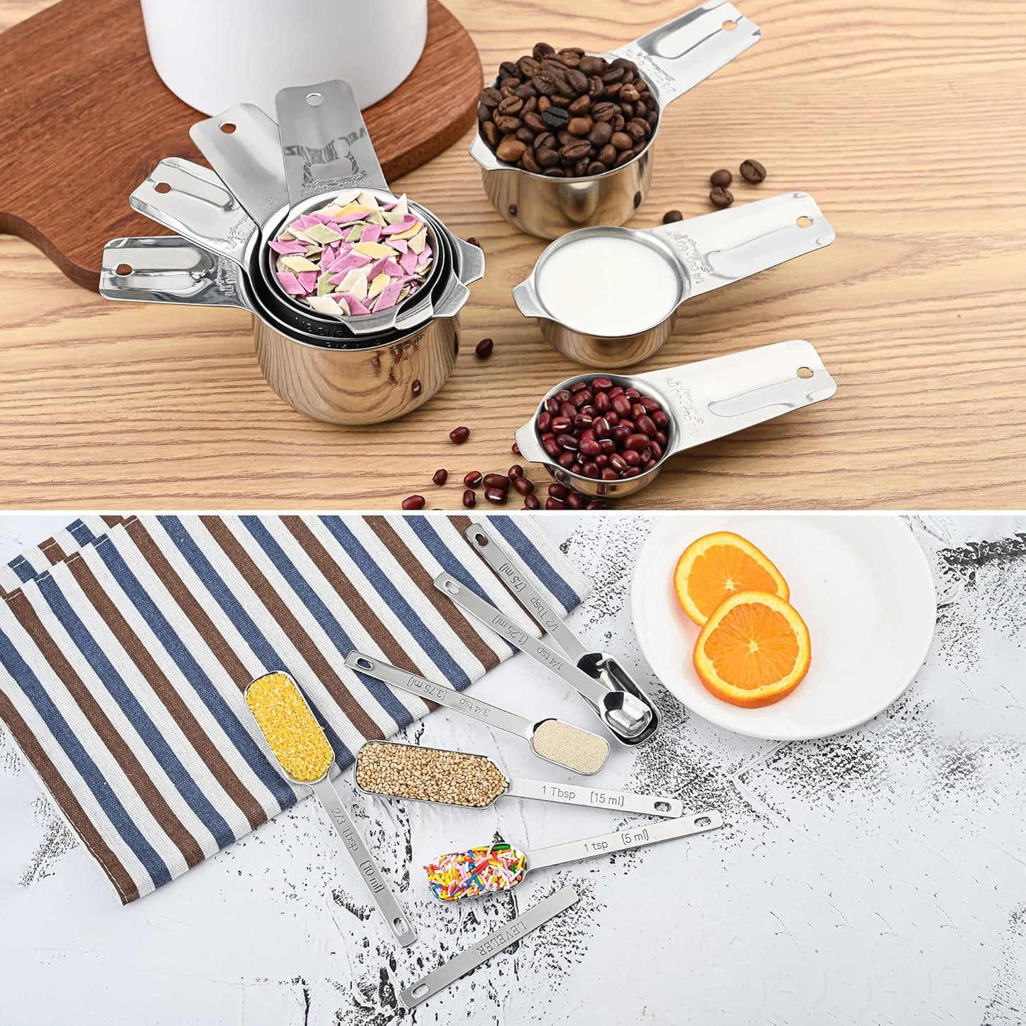 Measuring Cups and Spoons Set, Copper Measuring Cups and Spoons Set for Dry & Liquid, Metric&US 7 Stainless Steel MeasureR Cup&9 Spoon Leveler & Measure Enquivalents for Kitchen & Baking