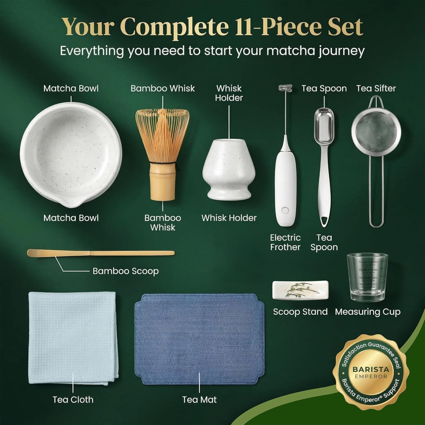 BARISTA EMPEROR® MATCHA WHISK SET PREMIUM 11pcs - Professional Matcha Kit Set with Matcha Bowl, Matcha Whisk, Milk Frother, Spoon, Sifter, Scoop, Stand, Cup, Tea Mat, Cloth - Matcha Bowl Set