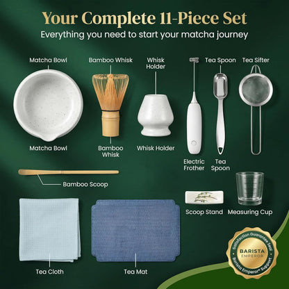 BARISTA EMPEROR® MATCHA WHISK SET PREMIUM 11pcs - Professional Matcha Kit Set with Matcha Bowl, Matcha Whisk, Milk Frother, Spoon, Sifter, Scoop, Stand, Cup, Tea Mat, Cloth - Matcha Bowl Set