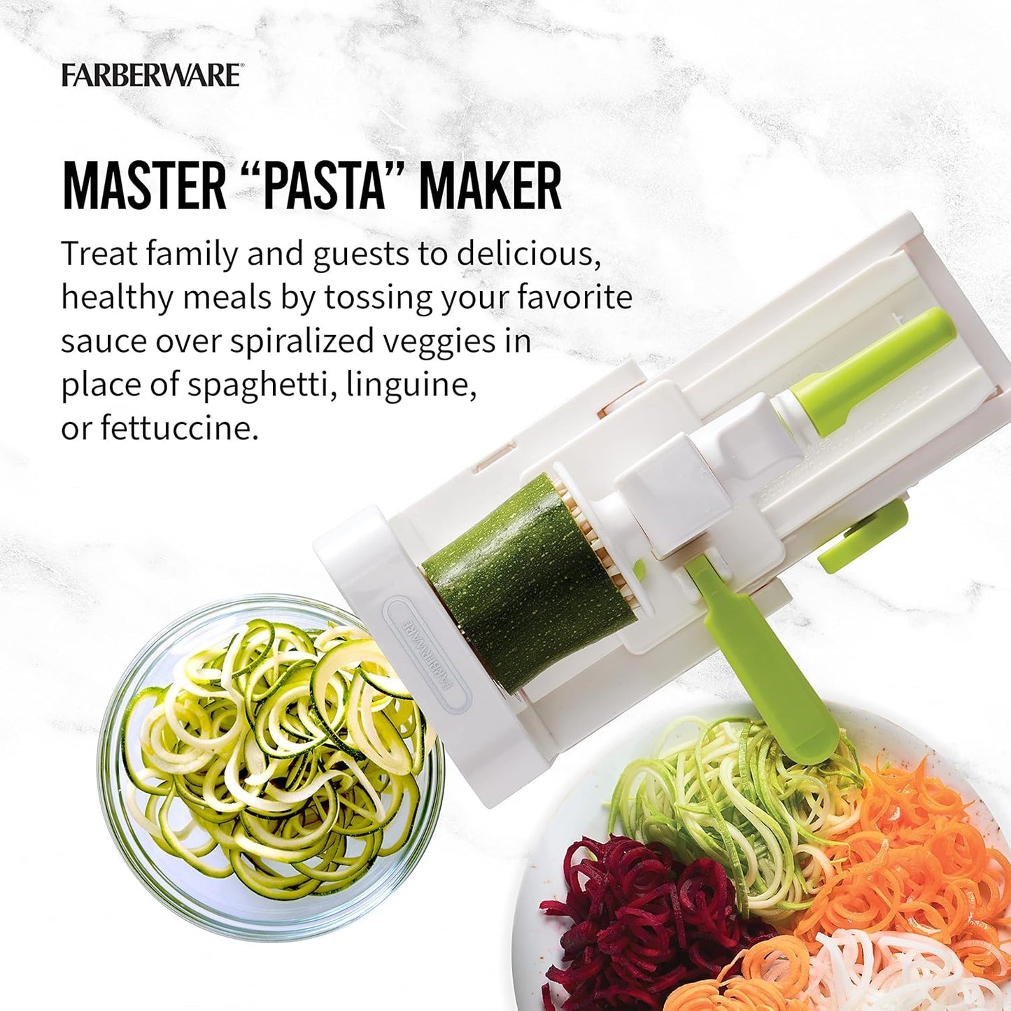 Farberware Professional Foldable Fruit And Vegetable Spiralizer Slicer Easy Store Fold And Lock With 4 Blades And Built In Blade Storage Caddy, White