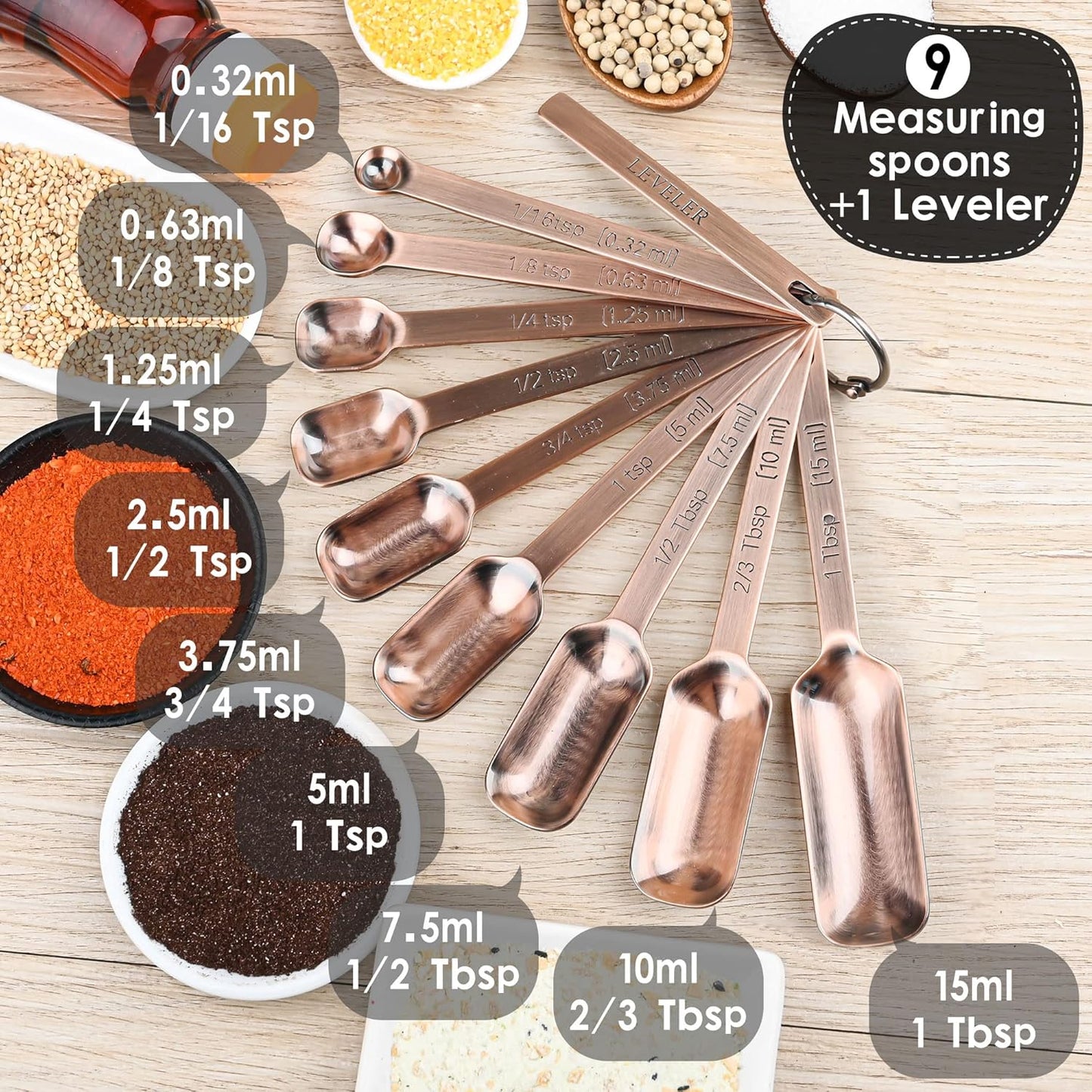 Measuring Cups and Spoons Set, Copper Measuring Cups and Spoons Set for Dry & Liquid, Metric&US 7 Stainless Steel MeasureR Cup&9 Spoon Leveler & Measure Enquivalents for Kitchen & Baking