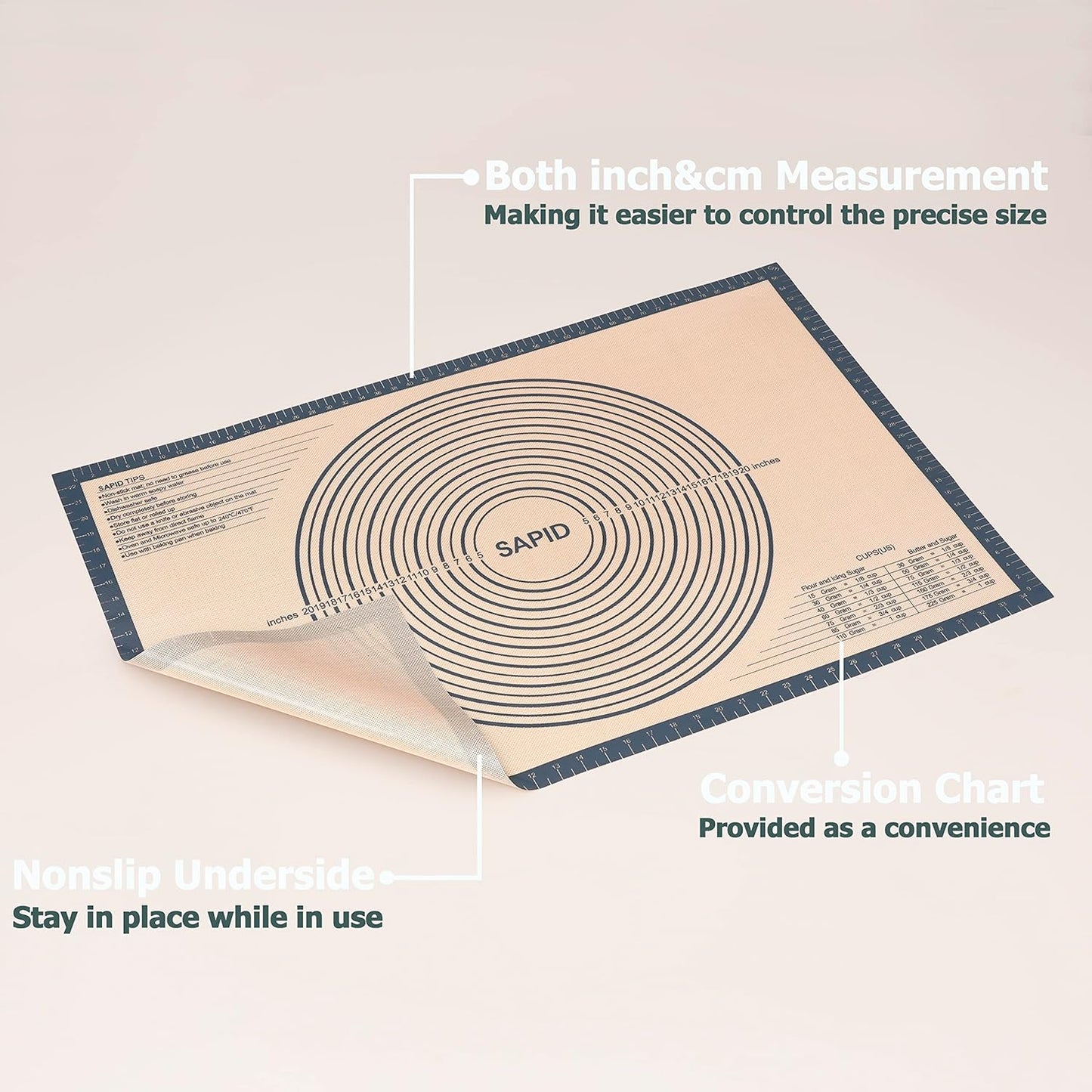 Sapid Extra Thick Silicone Pastry Mat Non-slip with Measurements for Non-stick Silicone Baking Mat Extra Large, Dough Rolling, Pie Crust, Kneading Mats, Countertop, Placement Mats (20" x 28",Gray)