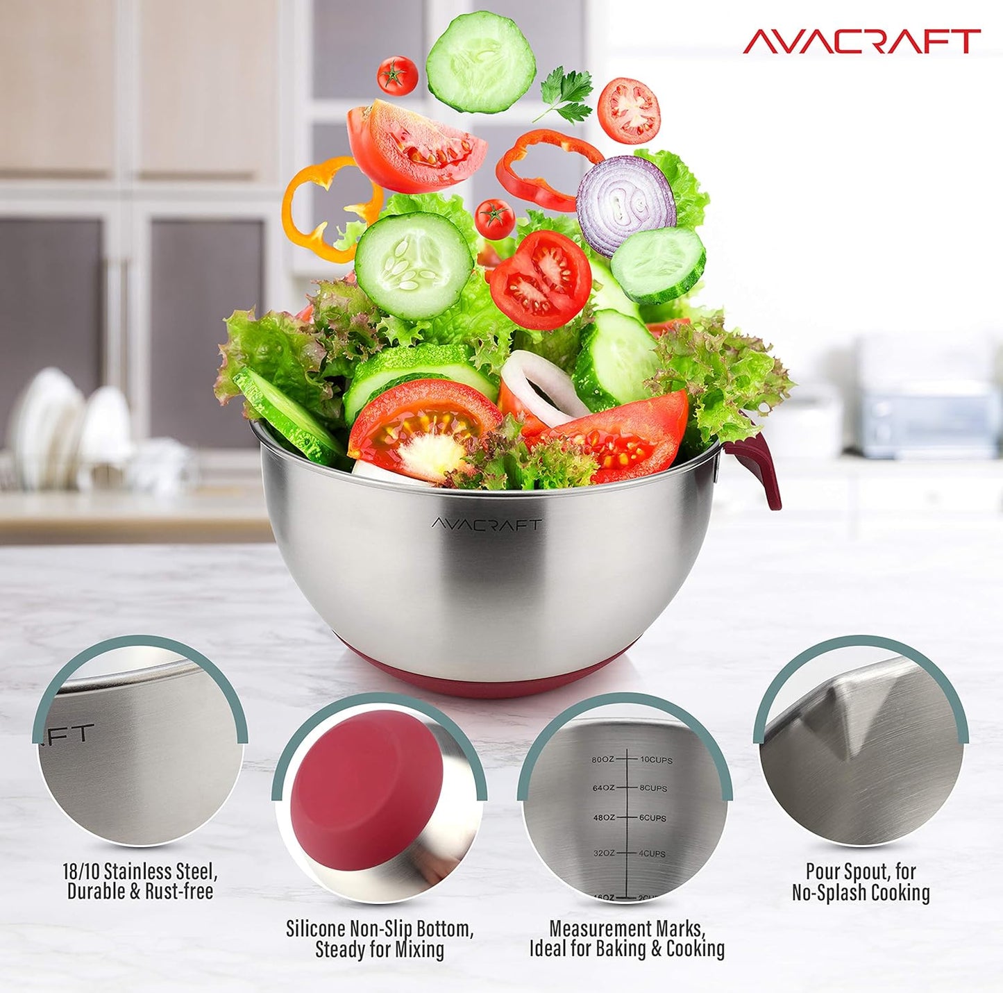 AVACRAFT 18/10 Stainless Steel Mixing Bowls with Lids, non slip silicone base bowls with Handle, Mixing Bowl Set with Pour Spouts & Measurement Marks, Home Essentials Cooking Bowls, (Black)