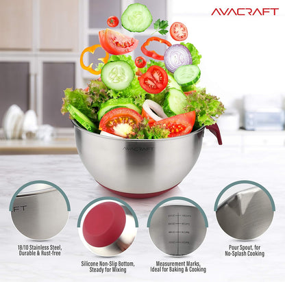 AVACRAFT 18/10 Stainless Steel Mixing Bowls with Lids, non slip silicone base bowls with Handle, Mixing Bowl Set with Pour Spouts & Measurement Marks, Home Essentials Cooking Bowls, (Black)