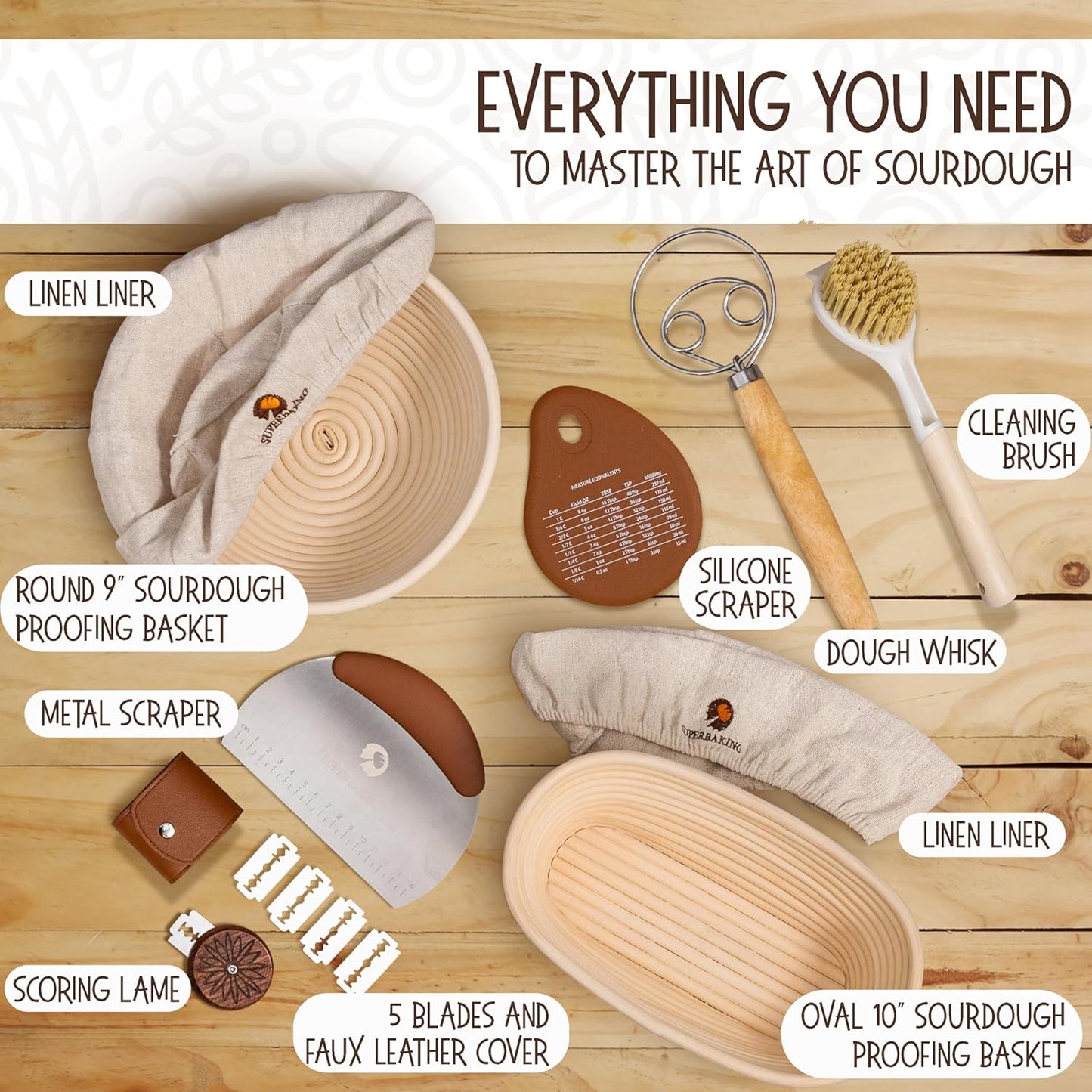 Superbaking Sourdough Starter Kit, 9" Round Banneton Bread Proofing Basket Set, Sourdough Bread Baking Supplies, Sourdough Tools with Silicone Bread Sling, Bread Making Tools, Baking Gifts